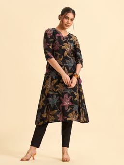 VISMAY - Black Viscose Floral Flared Kurta