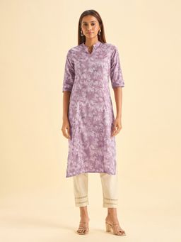 VISMAY - Blue Pure Cotton Floral Straight Kurta