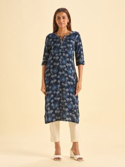 VISMAY - Blue Modal Floral Straight Kurta