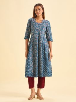VISMAY - Blue Pure Cotton Embroidered Flared Kurta