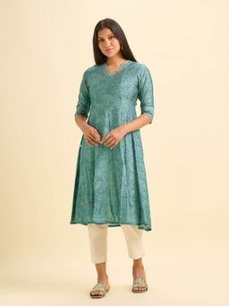 VISMAY - Teal Modal Embroidered Flared Kurta