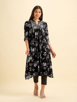 VISMAY - Black Viscose Embroidered Flared Kurta