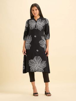 VISMAY - Black Viscose Floral Flared Kurta