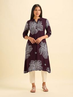 VISMAY - Wine Viscose Floral Flared Kurta