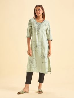 VISMAY - Green Viscose Abstract Straight Kurta