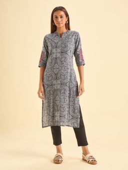 VISMAY - Black Pure Cotton Paisley Straight Kurta