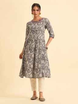 VISMAY - Grey Pure Cotton Floral Flared Kurta