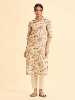 VISMAY - White Pure Cotton Floral Straight Kurta