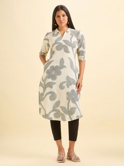 VISMAY - White Cotton Floral Straight Kurta