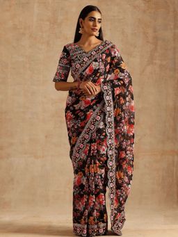 Odette - Black Georgette Embroidered Printed Saree with Unstitched Blouse