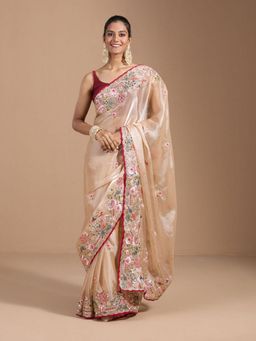 Odette - Ivory Organza Embroidered Solid Saree with Unstitched Blouse