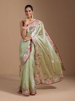 Odette - Pastel Green Organza Embroidered Solid Saree with Unstitched Blouse