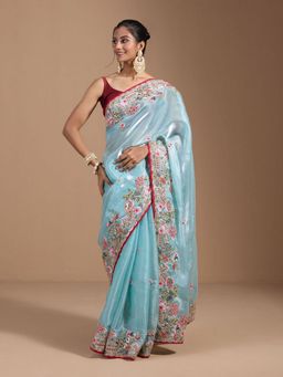 Odette - Sky Blue Organza Embroidered Solid Saree with Unstitched Blouse