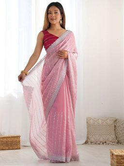 Odette - Pink Organza Embellished Solid Saree with Unstitched Blouse