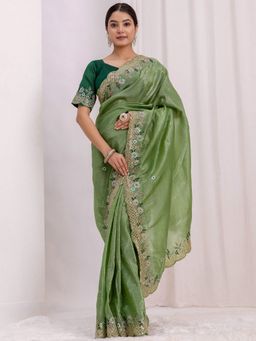Odette - Olive Silk Blend Embellished Saree with Unstitched Blouse
