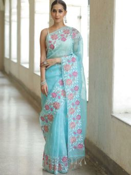 Odette - Sky Blue Organza Embroidered Solid Saree with Unstitched Blouse