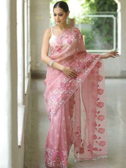 Odette - Light Pink Organza Embroidered Solid Saree with Unstitched Blouse
