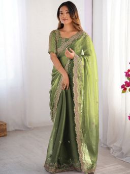 Odette - Olive Silk Blend Embellished Solid Saree with Unstitched Blouse