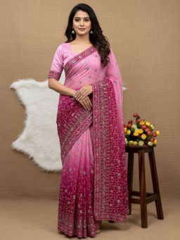 Odette - Pink Georgette Embellished Solid Saree with Unstitched Blouse