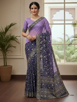 Odette - Lavender and Blue Georgette Embellished Solid Saree with Unstitched Blouse
