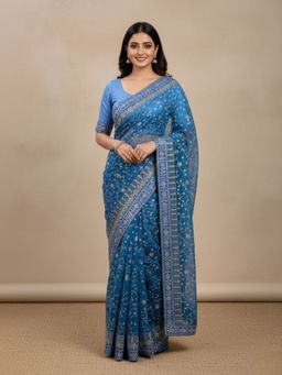Odette - Blue Georgette Embellished Solid Saree with Unstitched Blouse