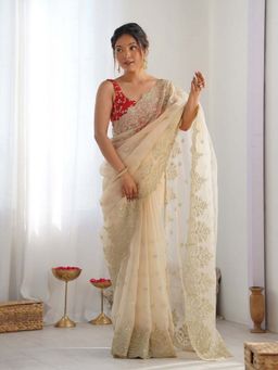 Odette - Cream Organza Embellished Solid Saree with Unstitched Blouse