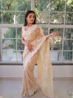 Odette - Ivory Georgette Embroidered Solid Saree with Unstitched Blouse