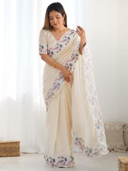 Odette - Off White Silk Blend Embroidered Solid Saree with Unstitched Blouse