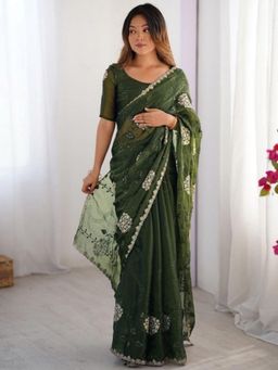 Odette - Deep Green Organza Embroidered Solid Saree with Unstitched Blouse