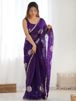 Odette - Purple Organza Embroidered Solid Saree with Unstitched Blouse
