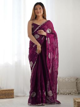 Odette - Wine Organza Embroidered Solid Saree with Unstitched Blouse