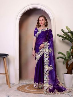 Odette - Purple Organza Embroidered Solid Saree with Unstitched Blouse