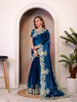 Odette - Blue Organza Embroidered Solid Saree with Unstitched Blouse