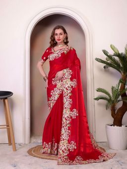 Odette - Red Organza Embroidered Solid Saree with Unstitched Blouse