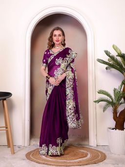 Odette - Wine Organza Embroidered Solid Saree with Unstitched Blouse