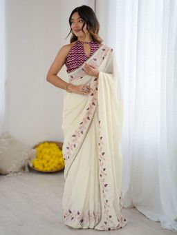 Odette - Off White Silk Blend Embroidered Solid Saree with Unstitched Blouse