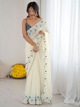 Odette - Off White Silk Blend Embroidered Solid Saree with Unstitched Blouse