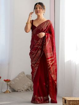Odette - Maroon Georgette Embellished Solid Saree with Unstitched Blouse