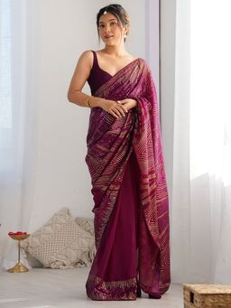 Odette - Wine Georgette Embellished Solid Saree with Unstitched Blouse
