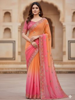 Odette - Pink and Orange Georgette Embellished Solid Saree with Unstitched Blouse