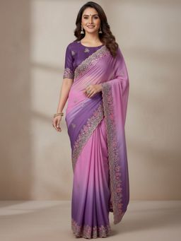 Odette - Pink and Lavender Georgette Embellished Solid Saree with Unstitched Blouse