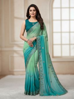 Odette - Light Green Georgette Embellished Solid Saree with Unstitched Blouse