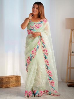 Odette - Light Green Organza Embroidered Solid Saree with Unstitched Blouse