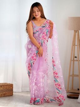 Odette - Light Lavender Organza Embroidered Solid Saree with Unstitched Blouse