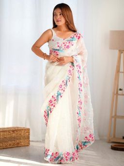 Odette - White Organza Embroidered Solid Saree with Unstitched Blouse