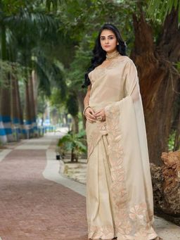 Odette - Beige Georgette Embroidered Solid Saree with Unstitched Blouse