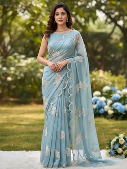 Odette - Sky Blue Organza Embroidered and Cutwork Solid Saree with Unstitched Blouse