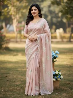 Odette - Peach Organza Embroidered and Cutwork Solid Saree with Unstitched Blouse
