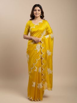 Odette - Yellow Organza Embroidered and Cutwork Solid Saree with Unstitched Blouse