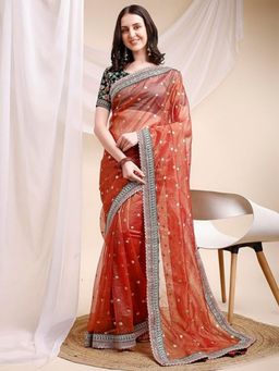 Odette - Deep Red Organza Embellished Solid Saree with Unstitched Blouse